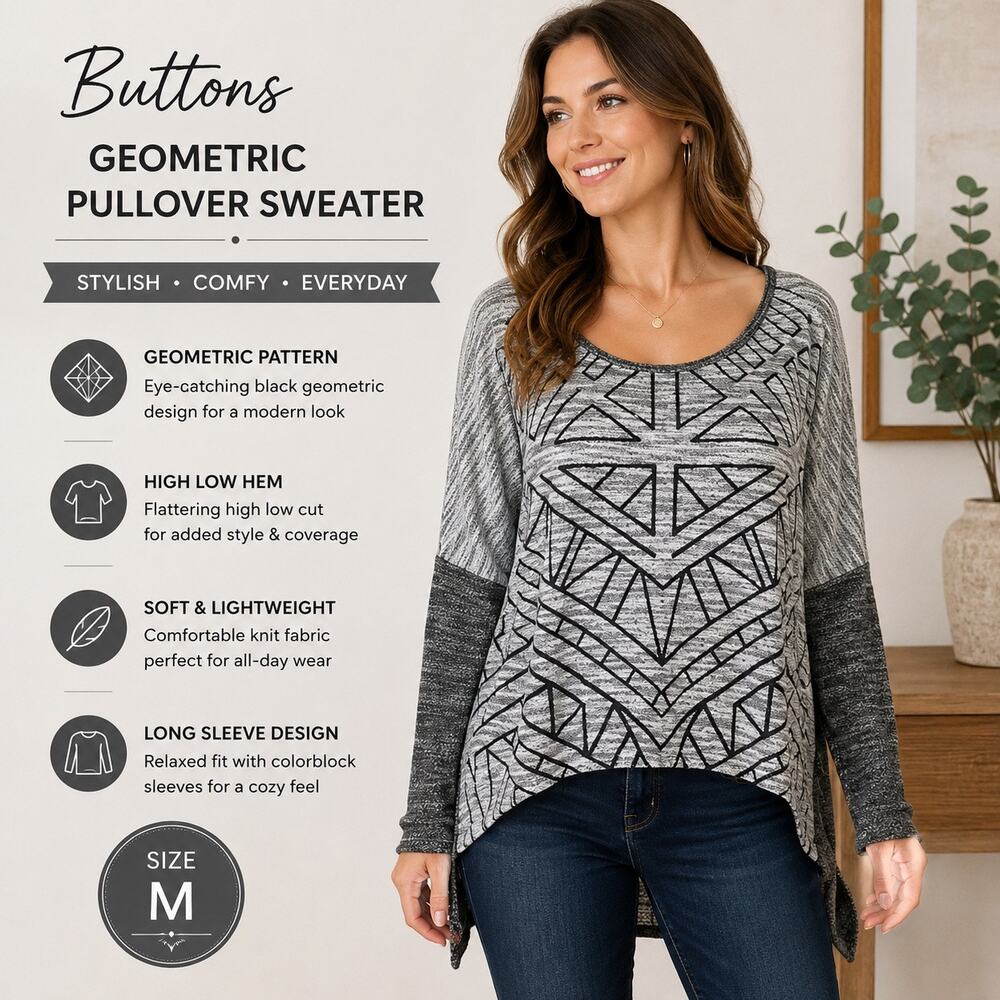 Buttons Womens Sweater Medium Gray Black Geometric High Low Long Sleeve Pullover